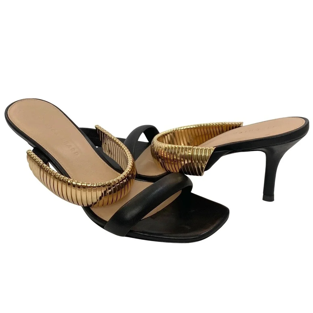 VERONICA BEARD Meena Heeled Sandals Size 9 Black Leather Gold Luxury Designer‎